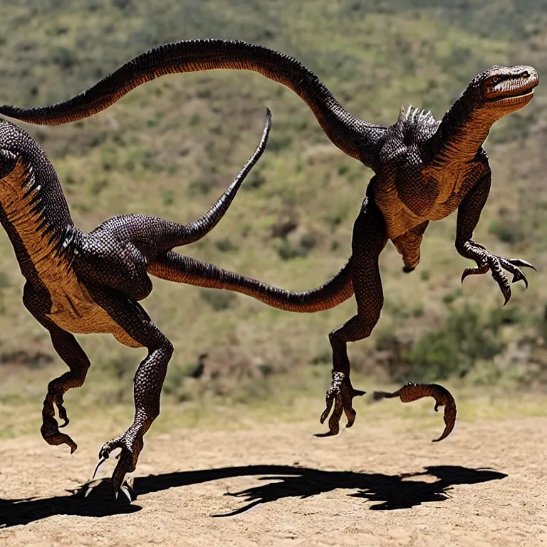 Image similar to a velociraptor jumping on a d & d barabrian