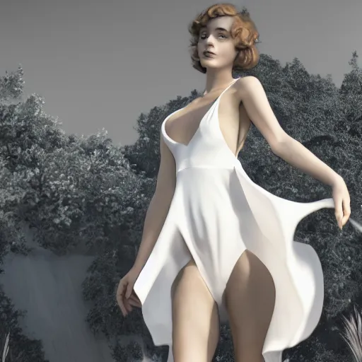 Prompt: a girl in an elegant white dress, with a black bikini underneath, 1920s, by WLOP, 8k octane render