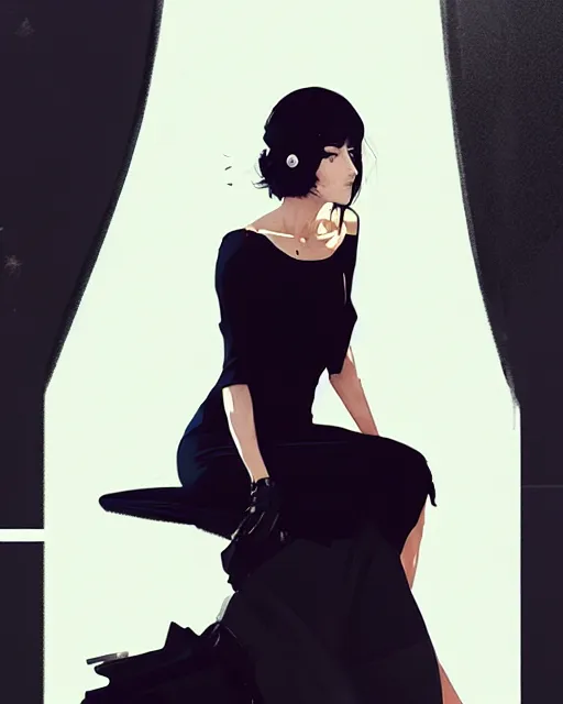 Image similar to a ultradetailed beautiful panting of a stylish woman in a black dress sitting, by conrad roset, greg rutkowski and makoto shinkai trending on artstation