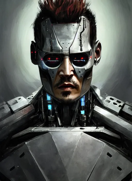 Image similar to johnny depp as victor stone, full body concept, cyborg, borg, strogg, face of a man, terminator, flesh, quake strogg, doom demon, wolfenstein, monstrous, powerful, symmetry, symmetrical, concept art by ruan jia and greg rutkowski