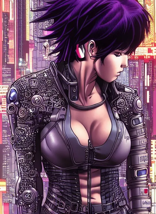 Image similar to motoko kusanagi in grungy cyberpunk megacity, intricate and finely detailed, cyberpunk vaporwave, portrait by j scott campbell, phil jimenez, ilya kuvshinov