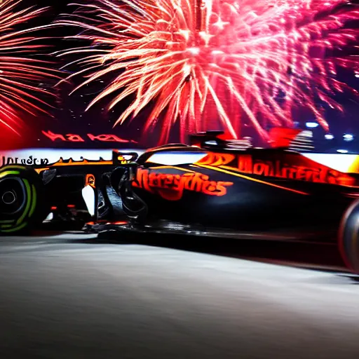 Prompt: portrait of max verstappen getting out of a mercedes f 1 car, dramatic shot, great photography, ambient light, night time, fireworks in the background