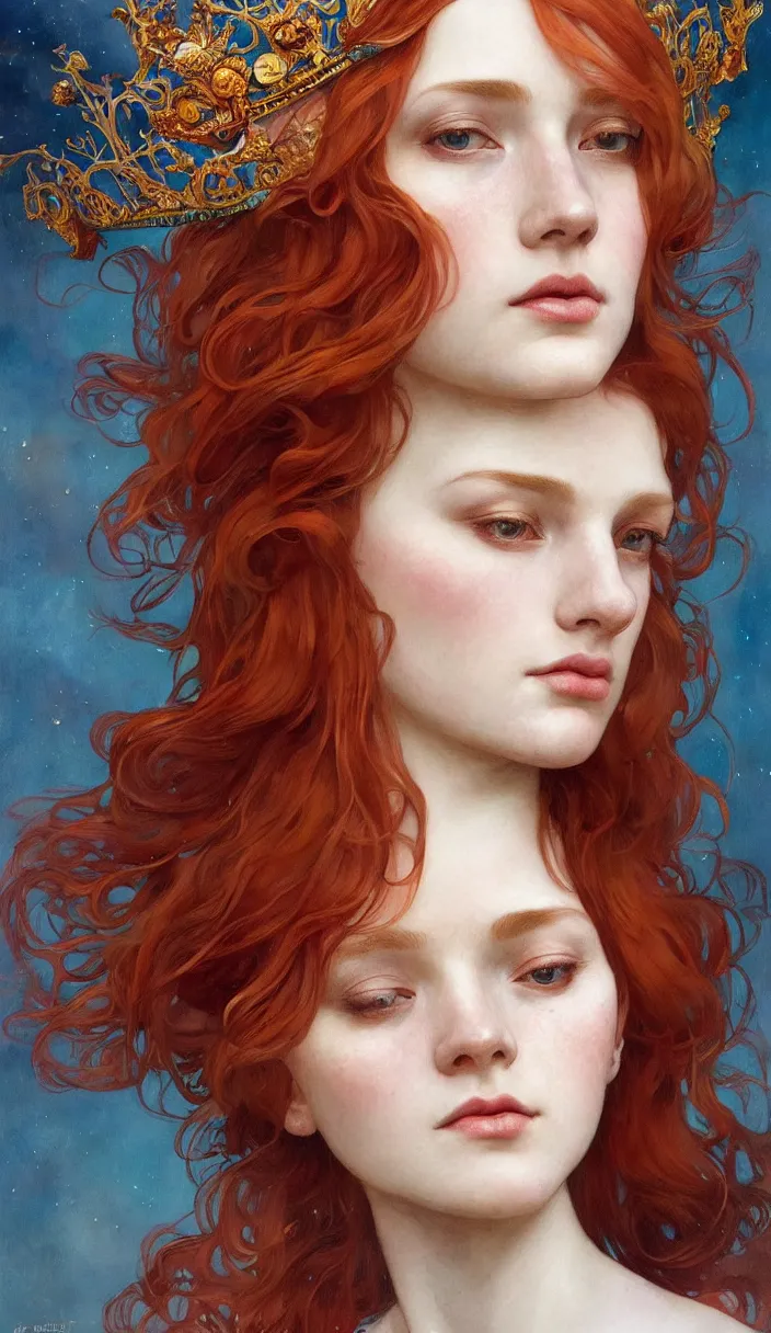 Image similar to beautifull portrait of a young redhair woman wearin a crown made of fish in watercolors, intricate, elegant, highly detailed, digital painting, artstation, concept art, smooth, sharp focus, illustration, art by krenz cushart and artem demura and alphonse mucha, dynamic lighting, ultrarealistic, cinematic, octane render, unreal engine, 8 k