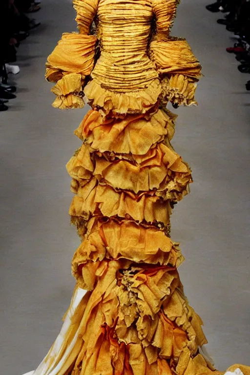 Image similar to haute couture dress made out of lasagna, styled by alexander mcqueen, high details