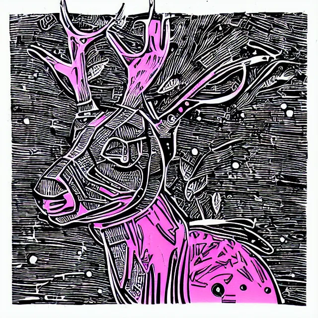 Image similar to linocut of a cybernetic deer. pink, black and white color pallette.