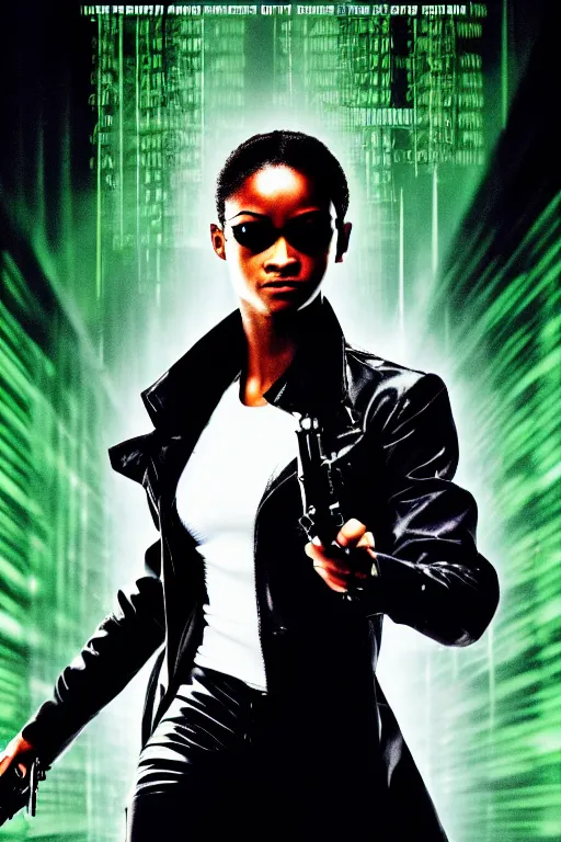 Prompt: a movie poster portrait taken from the matrix movie featuring ( simone biles ) with long black braids, wearing futuristic sun glasses and black leather trench coat, holding a futuristic gun, green matrix computer code and light beams flash in the background, extremely detailed, extremely symmetrical facial features, by kevin fiege 8 k