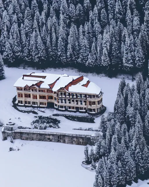 Prompt: mansion in the snowy alps set on fire, zoomed out, shot from drone, iphone capture, fire