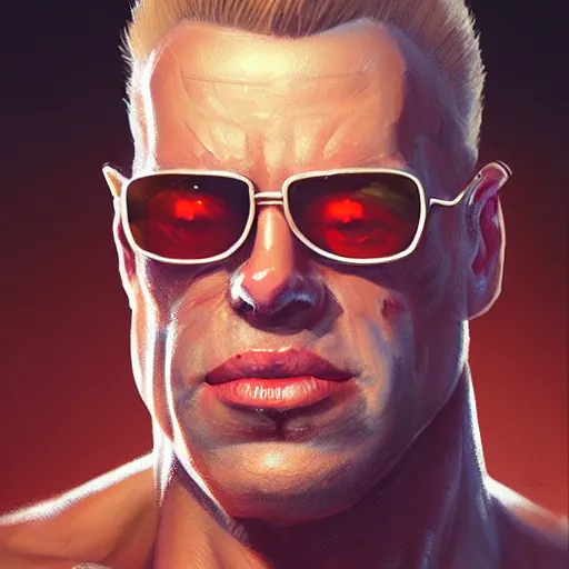 Prompt: close up portrait of duke nukem, backlit, painted by stanley lau, painted by greg rutkowski, painted by stanley artgerm, masterpiece, digital art, trending on artstation