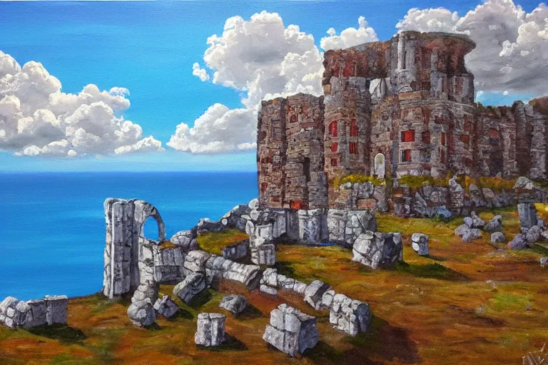 Prompt: The Cliffs of Dover with ruins on top, blue skies and cumulonimbus clouds, acrylic painting, highly detailed, saturated colors, trending on artstation