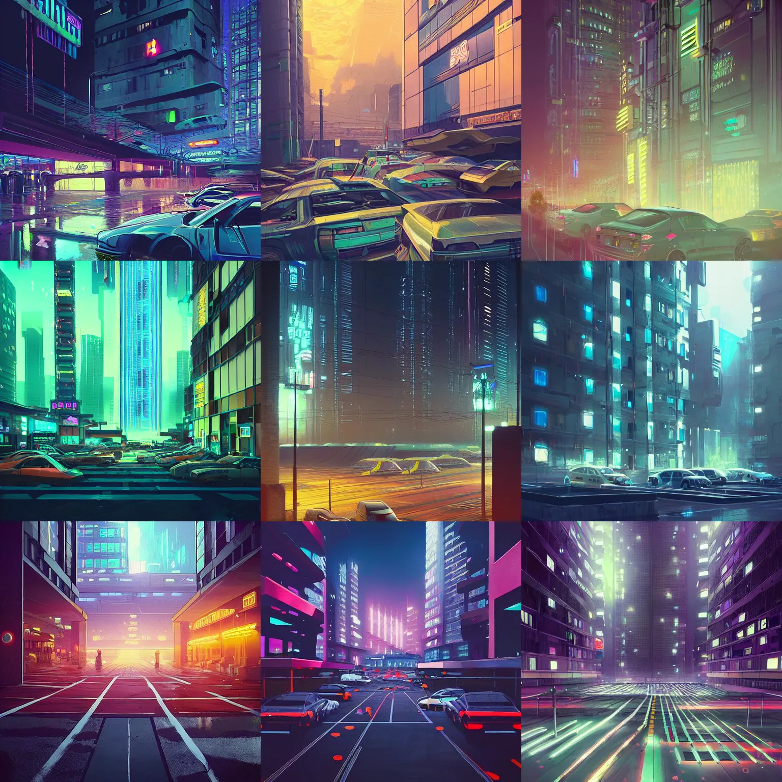 Prompt: a beautiful artwork of a parking lot in a cyberpunk city at night by Greg Girard and beeple featured on artstation