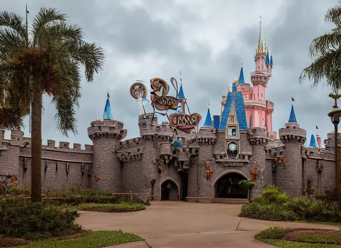 Prompt: cinematic shot of the outside of the Disney world park, shut down, abandoned, Florida, out of business, castle is falling apart and rusted, got shut down, kids place, liminal spaces, backrooms, empty, overgrown with weeds, crumbling castle, destroyed castle, completely obliterated, Disney world, Disney land, theme park, roller coasters, Disney, old and dirty, water damage, garbage