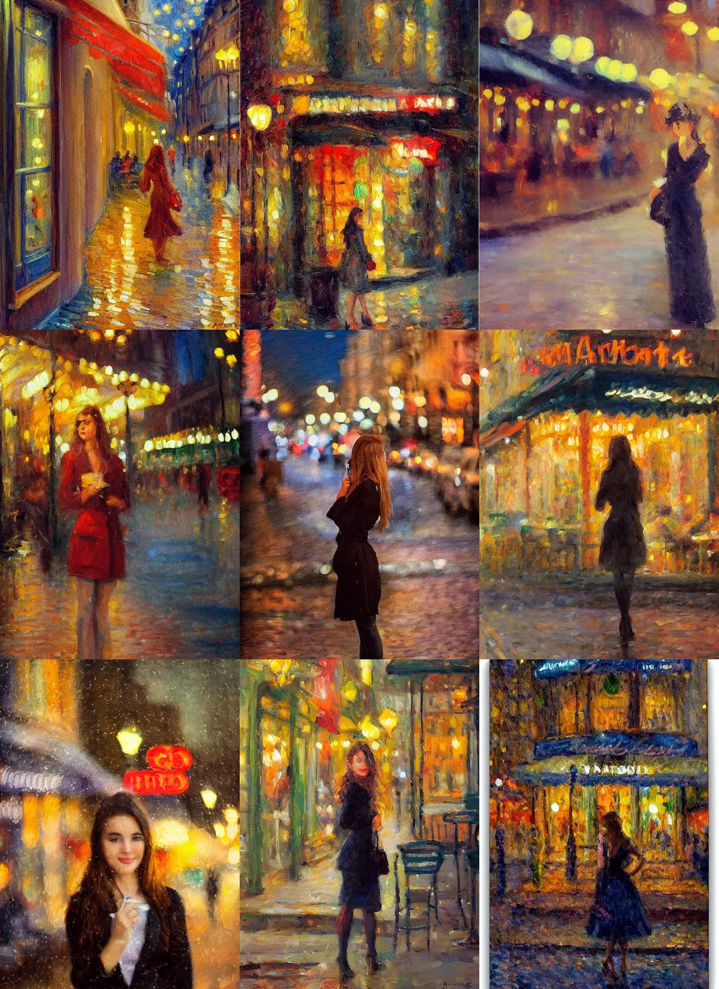 Prompt: an impressionist portrait painting of a beautiful young woman by antoine blanchard, paris cafe at night with city lights bokeh background,!!! shallow depth of field!!!, canon 5 0 mm!! tilt - shift!! lens f 1. 2