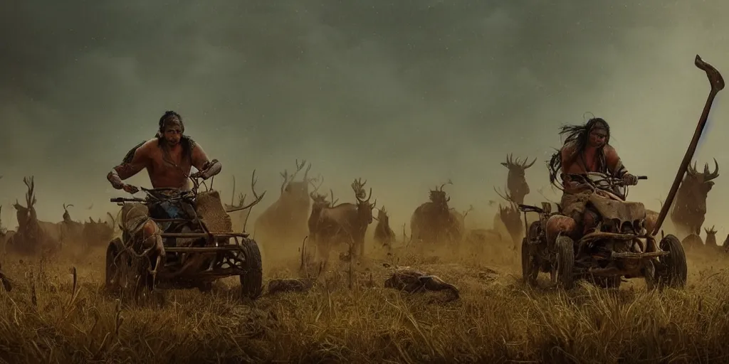 Image similar to photorealistic high speed photo ancient indian tribesman hunting on atv, wooden wheels, hunting buffalo herd ,attacking, chase, action scene, an epic fantasy, dramatic lighting, cinematic, establishing shot, extremely high detail, photorealistic, cinematic lighting, artstation, octane render, by simon stalenhag, horizon forbidden west,old photo, high speed photography, vintage, extreme sports