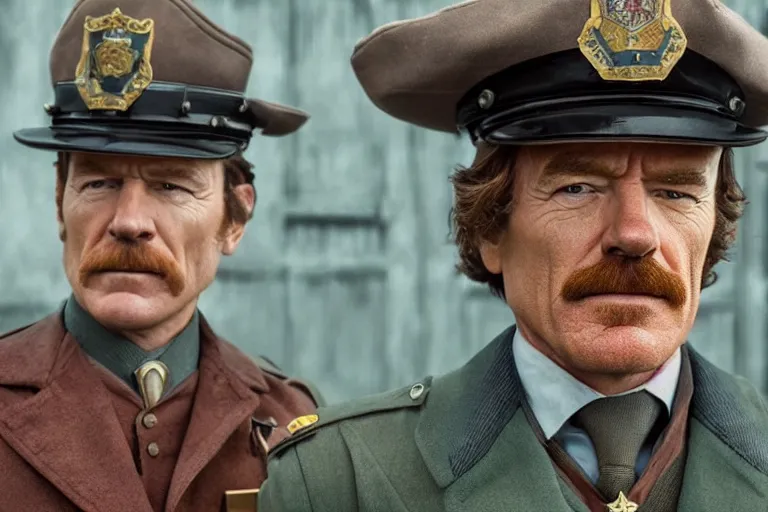 Image similar to wide-shot concept image of bryan cranston as a constable in a movie directed by Wes Anderson, symmetrical shot, idiosyncratic, relentlessly detailed, pastel colour palette, detailed perfect face, movie still frame, promotional image, imax 70mm footage