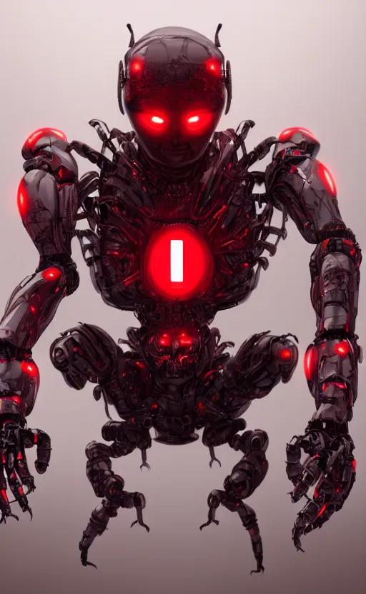 Image similar to a robot humanoid spider with 4 arms with claws, glowing red eyes, in a black carbon and red fiber armor, smiling creepily, dynamic lighting, photorealistic fantasy concept art, trending on art station, stunning visuals, creative, cinematic, ultra detailed