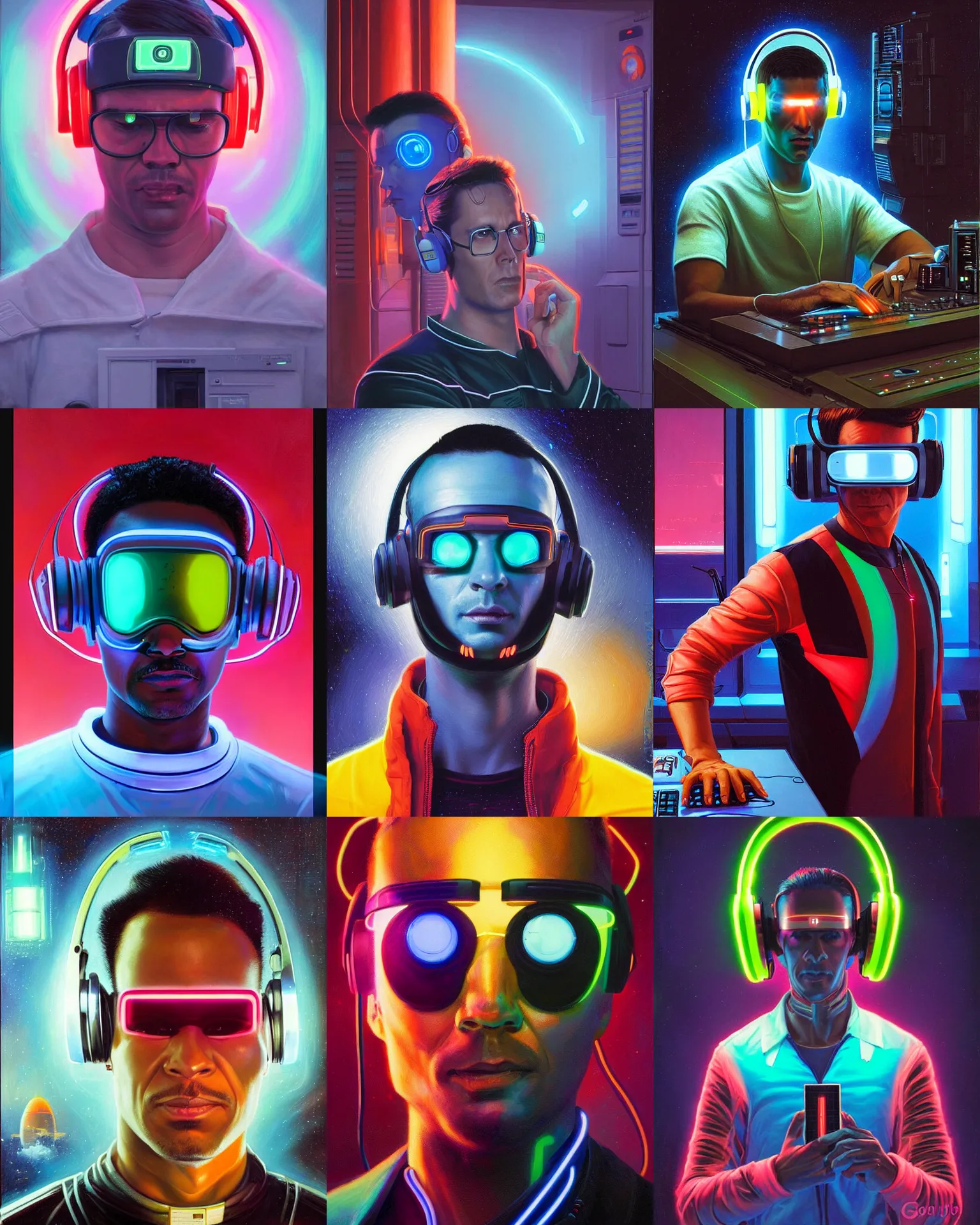Prompt: neon cyberpunk man working on computer with glowing geordi visor over eyes and sleek headphones headshot desaturated portrait painting by donato giancola, dean cornwall, rhads, tom whalen, conrad roset astronaut fashion photography