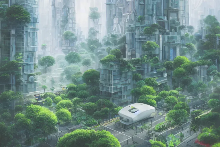 Image similar to futuristic city, lush vegetation, humid, early evening, diagonal view, geometric buildings, cloudy, beautiful, dull pastel colors, realistic, foggy, dreamy, nostalgic, bright, studio ghibli style