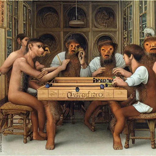 Image similar to churning versacci, starbucks by dino valls, by louis icart. a beautiful painting of a group of monkeys playing backgammon. the monkeys are seated around a table, with some of them appearing to be deep in concentration while others appear to be playing more casually.