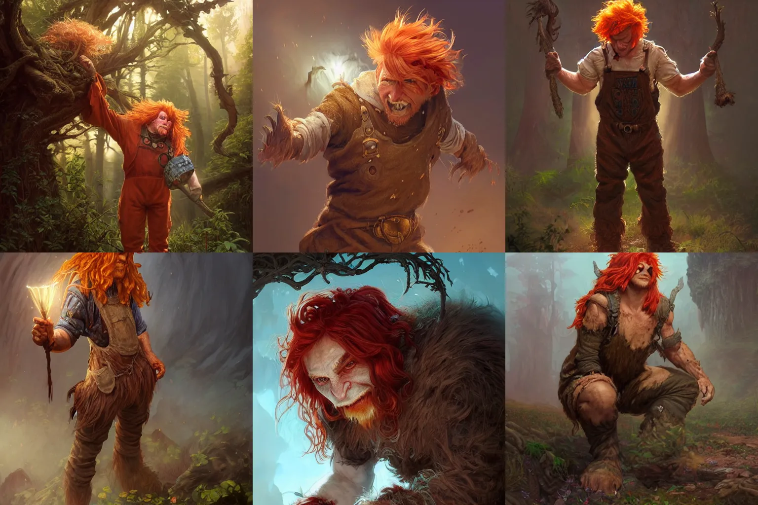 Prompt: a troll man druid with red blonde hair and huge hands covered in dirt wearing overalls, D&D, fantasy, intricate, cinematic lighting, highly detailed, digital painting, artstation, concept art, smooth, sharp focus, illustration, art by Artgerm and Greg Rutkowski and Alphonse Mucha