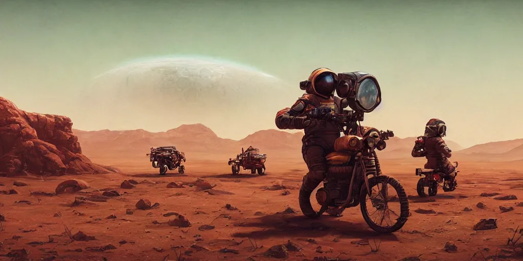 Image similar to american astronaut driving a motorcycle in mars, tribe members chasing, action scene, an epic fantasy, dramatic lighting, cinematic, establishing shot, extremely high detail, photorealistic, cinematic lighting, artstation, octane render, by simon stalenhag, horizon forbidden west