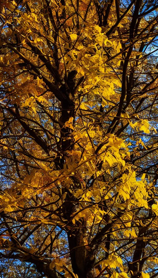 Prompt: beautiful autumn tree with yellow leaves, melancholy autumn light, blood pumping through veins, blood vessels stretching out intricately, biological beauty, sinister, scientific close-up of veins and blood, atmospheric HD photograph, depth of field