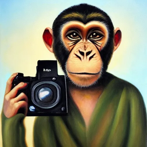 Prompt: portrait of a monkey holding a camera in his hand, oil painting