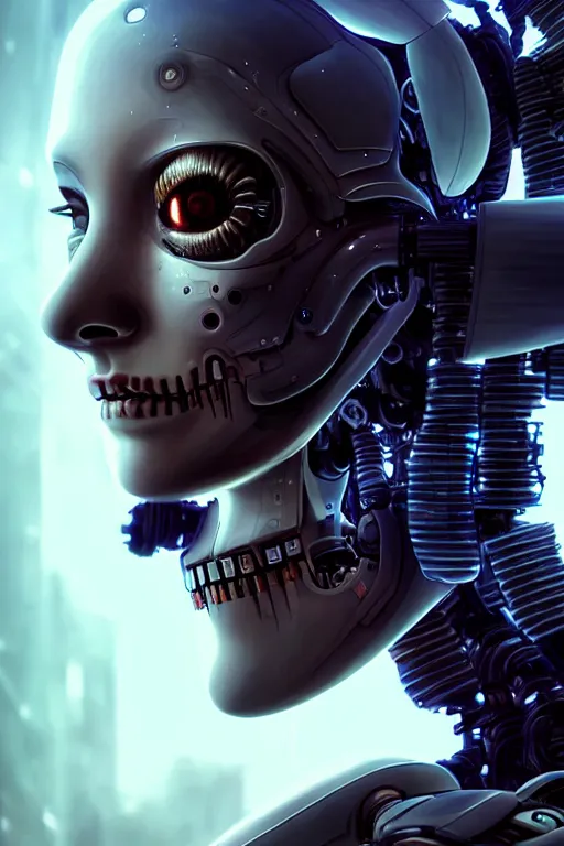 Image similar to beautiful crying! female mechanical android!, half portrait, intricate detailed environment, photorealistic!, octane render, concept art, cinematic, interstellar, ultra detailed, sharp, el dia los muertos!, cyberpunk, bladerunner, 8 k, by angus mckie, moebius, maciej kuciara, stanley lau, artgerm, greg rutkowski