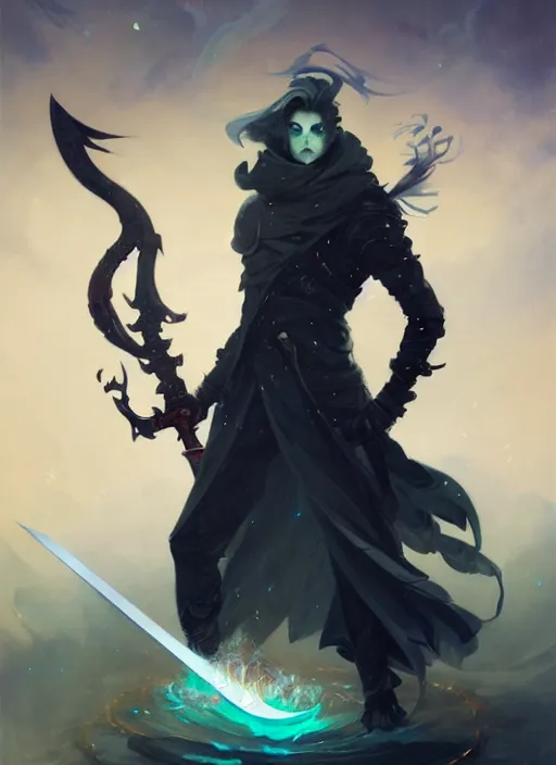 Prompt: full body picture of an legendary blader, holding a ego sword to the camera, long black jacket, intricate, masterpiece, epic fantasy illustrations by peter mohrbacher and anato finnstark and jeremy lipking