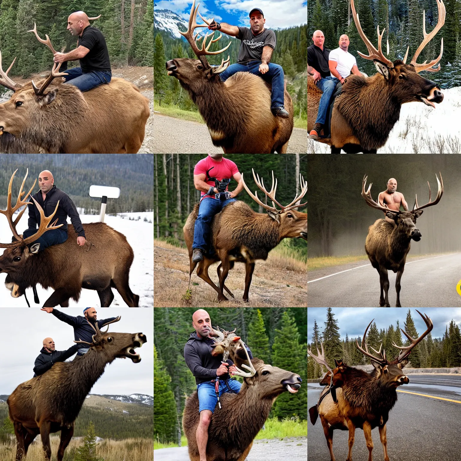Prompt: Joe Rogan riding on the back of an elk holding a giant syringe of ivermectin