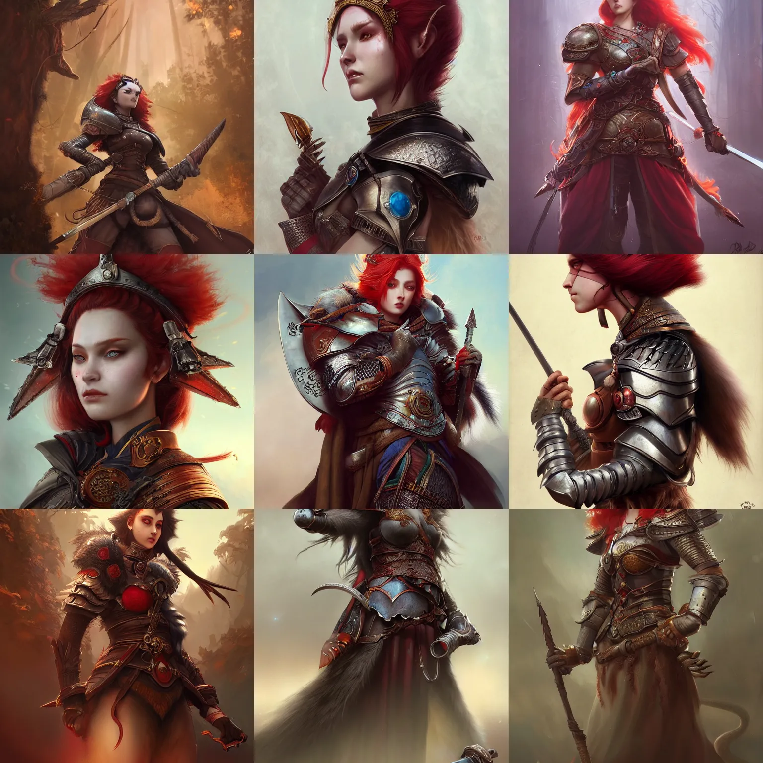 Prompt: a beautiful hyper realistic detailed epic concept art showing ( a noble knight women with red hair protected by ) the sacred raccoon, extremely detailed raccoon, by tom bagshaw, ross tran and bayard wu, in the style of dragon age, featured on artstation