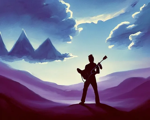 Prompt: A slightly silhouetted figure of a man with a guitar, clouds that look like mountains high in the sky, the clouds are a deep blue purple color with the sun blazing behind the clouds, deep focus, D&D, fantasy, intricate, elegant, highly detailed, digital painting, artstation, oil paint, matte, sharp focus, illustration, hearthstone, art by Ivan Aivazovsky