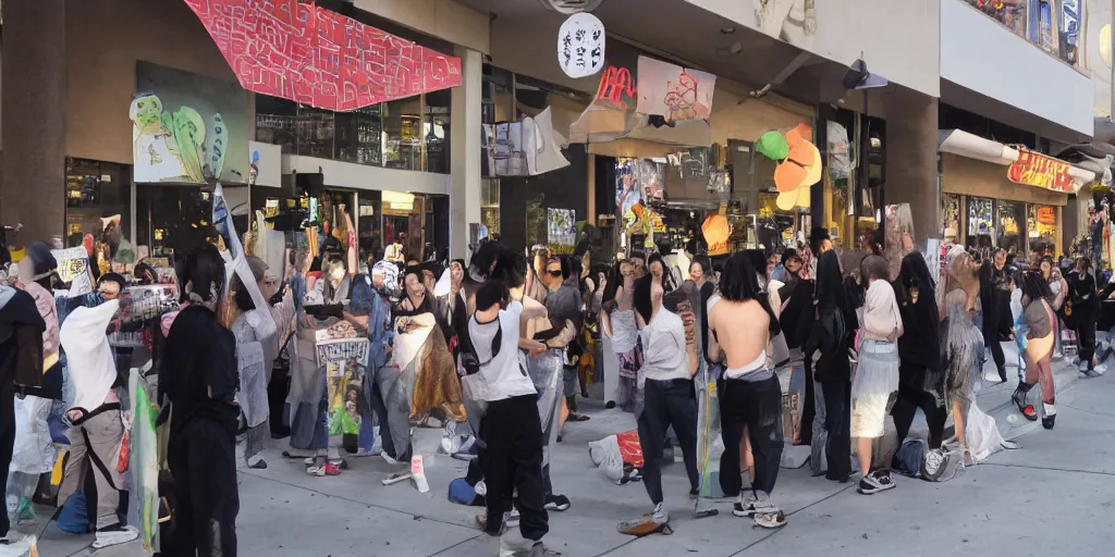 Image similar to crowd of crazy people with posters attack cosplayers in front of stores in los angeles with light screens all over the street, photorealism, professional lighting, lantern lighting, japanese chill photos, conceptual art