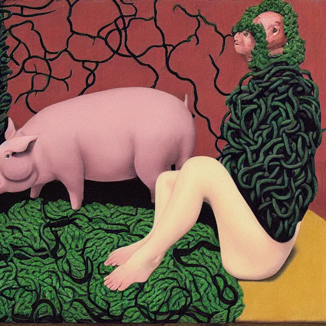 Image similar to a pathology student in her apartment, wrapped in vines, large stones, pig, black walls, ikebana, black armchair, puddles, moss, acrylic on canvas, surrealist, by magritte and monet