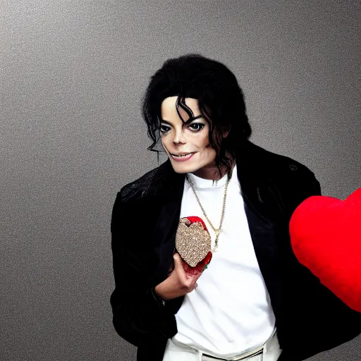 Image similar to photography of michael jackson holding a plush heart, 4 k, highly detailed, hd