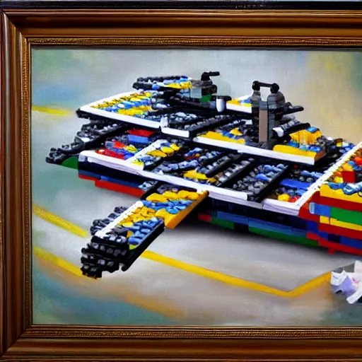 Prompt: oil panting style of a spaceship made of legos