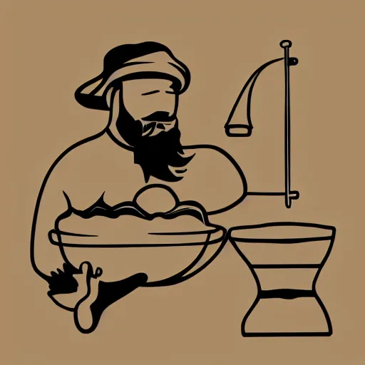 Prompt: bearded man turns bowl on woodlathe, vector art, simple, clean, black and white