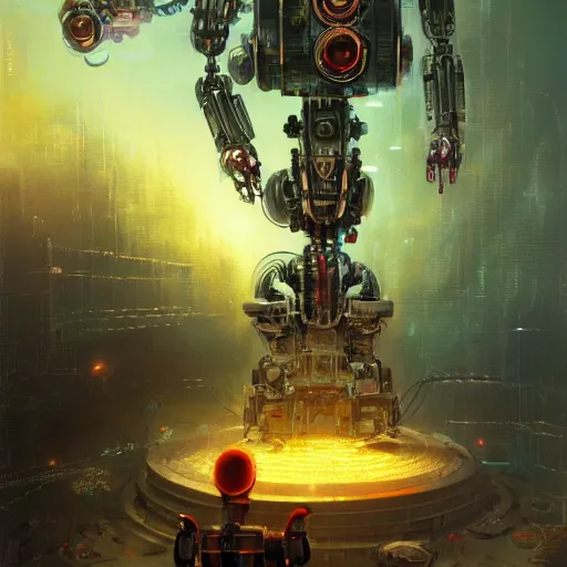 Image similar to a robot, mechanical, intrincate, cinematic lights, wires, volumetric, maximalist, fractal background, mechanical sci fi, horror, the end of the world, devotional, god, cgscociety by marc simonetti and peter mohrbacher