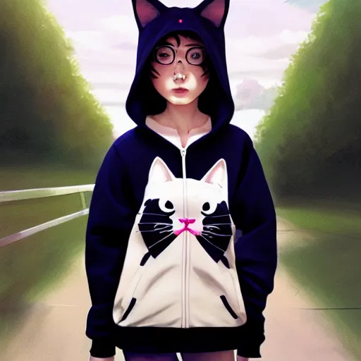 Image similar to a young girl wearing a cat hoodie balancing a a white fence, wlop, ilya kuvshinov, artgerm, krenz cushart, greg rutkowski, hiroaki samura, range murata, james jean, katsuhiro otomo, erik jones, 4 k anime