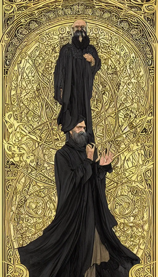 Image similar to one old man wore a black cloak, a black cloak and a white beard, highly detailed, very intricate, art nouveau, gold filigree, left right symmetry, tarot concept art watercolor illustration by mandy jurgens and alphonse mucha and alena aenami, featured on artstation