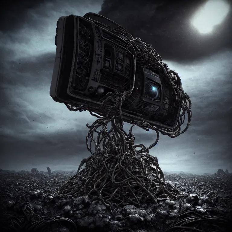 Prompt: closeup portrait of surreal mysterious abandoned ribbed broken old crt monitor in the foreground, in wastelands on exoplanet at night, dark clouds, dark washed tint black, dream-like heavy atmosphere, dark baroque painting, beautiful detailed intricate insanely detailed octane render trending on Artstation, 8K artistic photography, photorealistic, dramatic cinematic perfect light, harsh flash photography, chiaroscuro, award-winning photograph, masterpiece, Raphael, Caravaggio, Beksinski, Giger