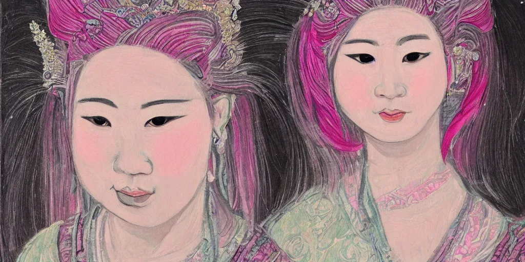 Prompt: a portrait of a very beautiful young asian goddess, seductive smile, with pink and grey hair radiating swirling paint and impasto, and intricate halo