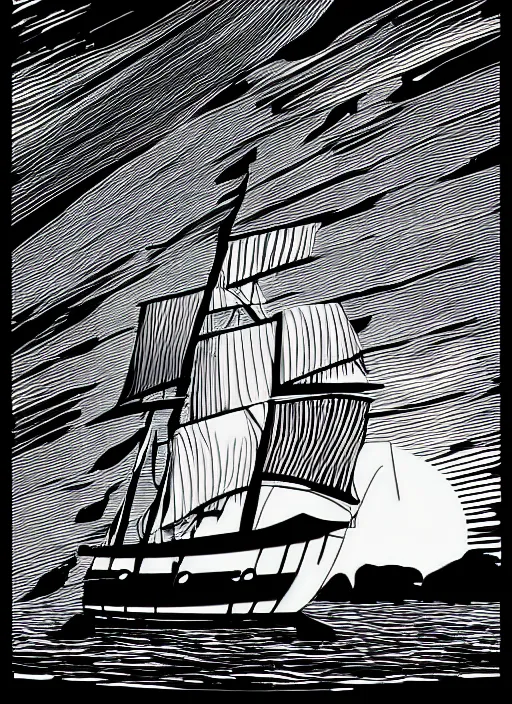 Image similar to photo realistic galleon sailing into sunset, art by james o barr, steel engraving, black and white, vector, vector art