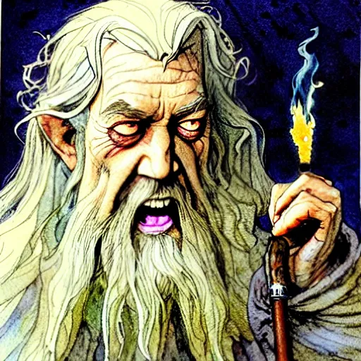 Image similar to a realistic and atmospheric watercolour fantasy character concept art portrait of gandalf with bloodshot eyes laughing and smoking weed out of his pipe by rebecca guay, michael kaluta, charles vess and jean moebius giraud