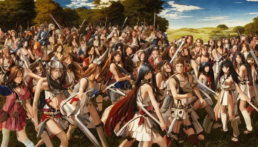 Image similar to jesus christ our lord leading an army of anime girls into battle, photorealistic, anime, mini skirt, long hair, renaissance painting, hyper real, detailed, wide angle shot, ultra detailed
