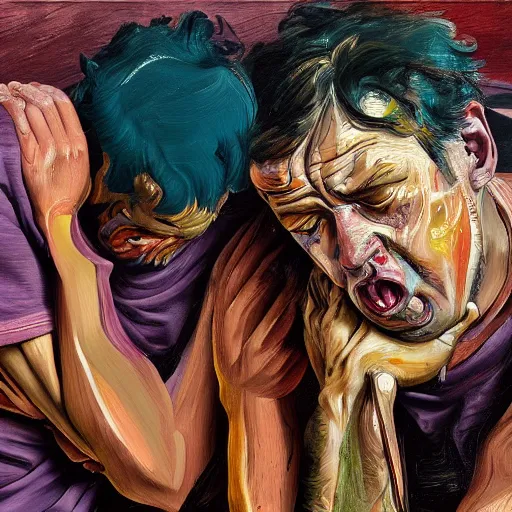 Prompt: high quality high detail painting of two men in agony on the streets of london by lucian freud and jenny saville and francis bacon and malcom liepke and nicola samori, hd, anxiety, two men crying and screaming, turquoise and purple and orange and pink, dark atmosphere