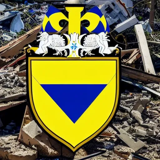 Image similar to the coat of arms of ukraine, against the background of the destroyed city