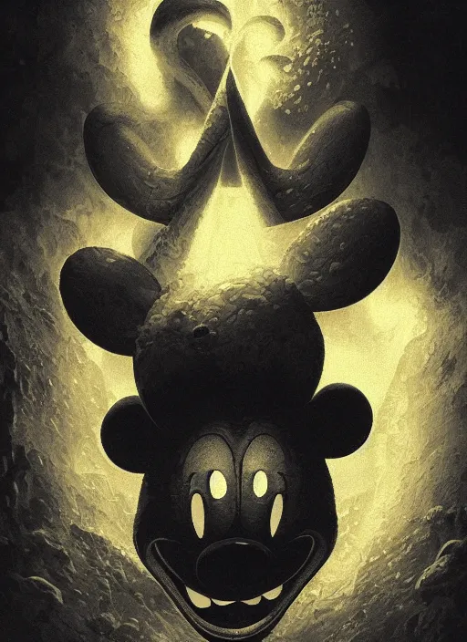 Image similar to portrait of a baphomet mickey mouse, depth of field, soft focus, highly detailed, intricate, realistic, national geographic cover, soft glow, textured, artstation, concept art, sharp focus, illustration, artgerm, greg rutkowski, earl norem