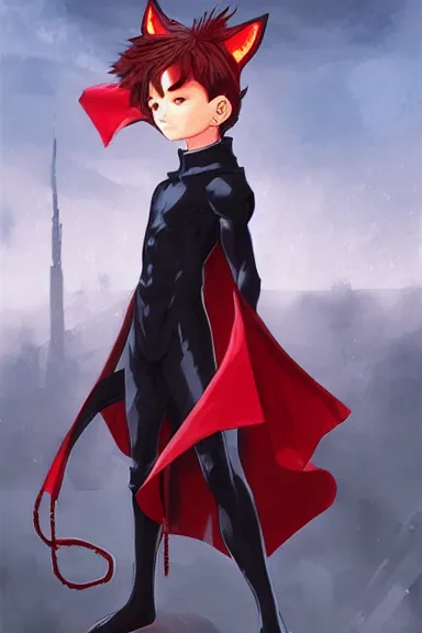 Prompt: little boy with cat ears in an black outfit with red cape. digital artwork made by lois van baarle and kentaro miura and marc simonetti, sharpness focus, inspired by hirohiko araki, anatomically correct, heroic composition, hero pose, smooth