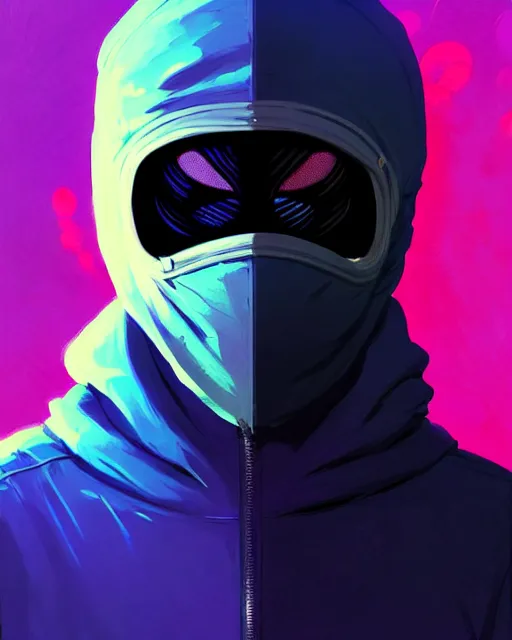 Image similar to synthwave, hyper - realistic portrait of a man in a hoodie, with ninja mask, intricate, 4 k, by atey ghailan, by greg rutkowski, by greg tocchini, by james gilleard, by joe fenton, by kaethe butcher, dynamic lighting, lighting color scheme, sharp focus, grunge aesthetic