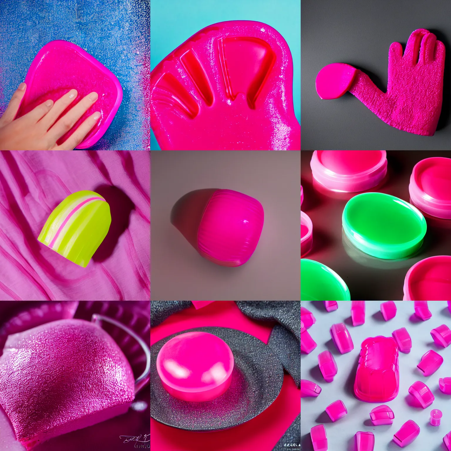 Prompt: product photoshoot of a vibrant pink shiny jello mitten, commercial, close up, depth of field, studio lighting,